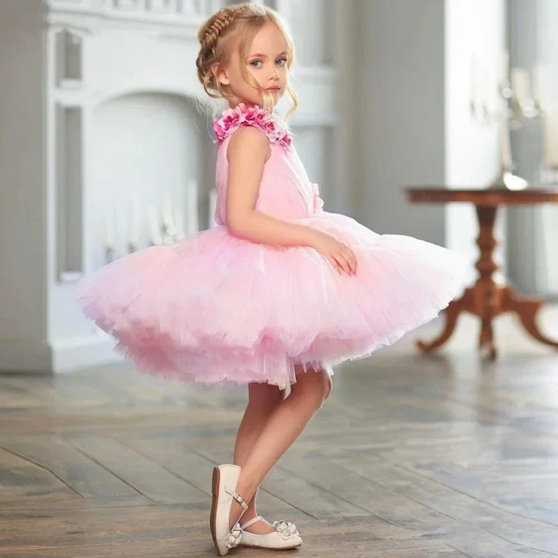 Vestidos de tul rosa con flores 3D, de un solo hombro, para bodas, fiestas de cumpleaños, banquetes, vestidos de princesa, vestidos de niña de las flores 