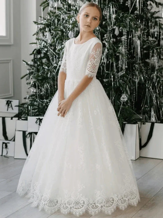 Birthday First Communion Gowns Flower Girl Dresses White Tulle Lace Appliques With Bow Half Sleeve For Wedding