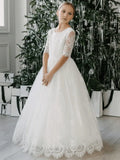 Birthday First Communion Gowns Flower Girl Dresses White Tulle Lace Appliques With Bow Half Sleeve For Wedding