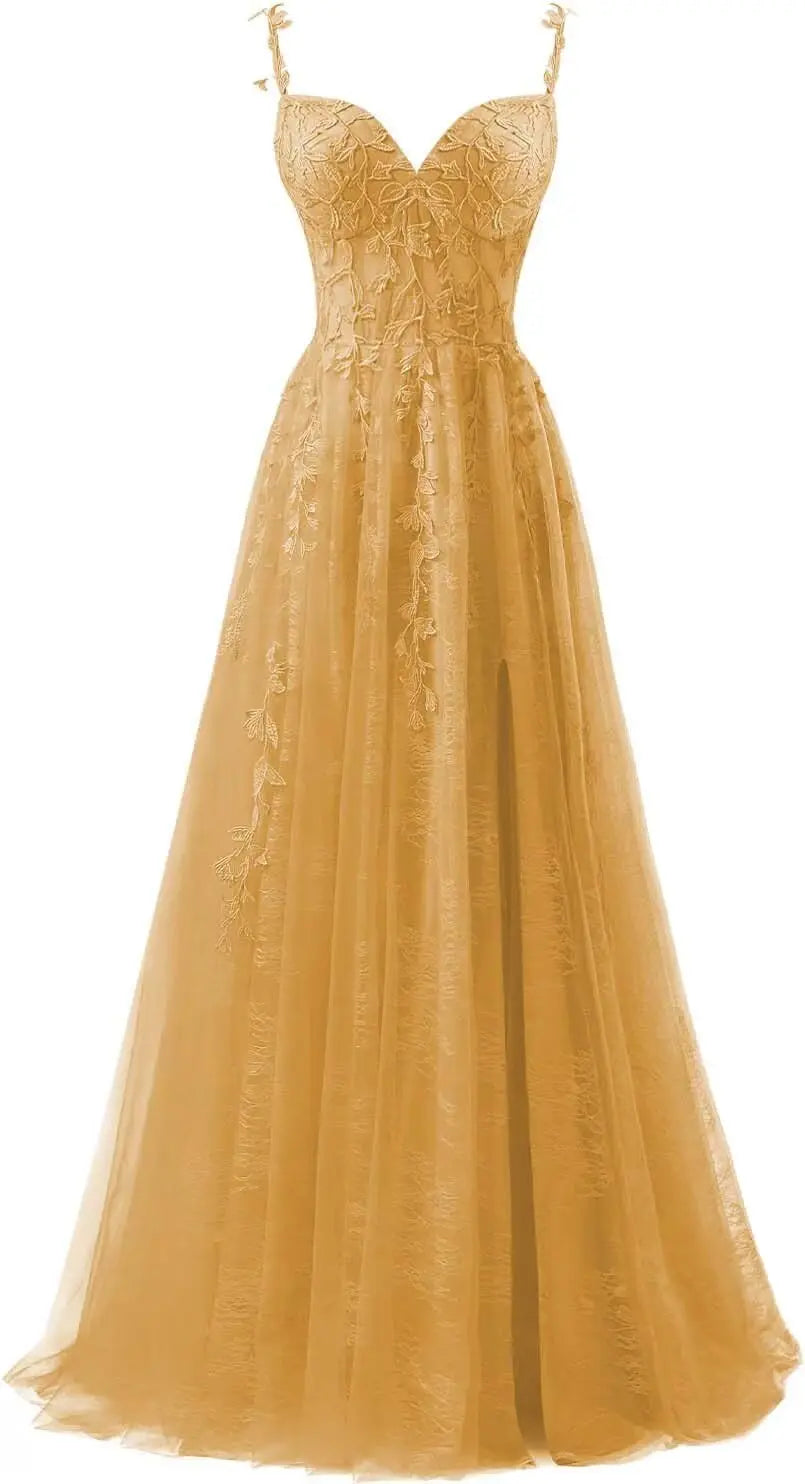 Lace Applique Tulle Prom Dresses for Women 2025 Spaghetti Straps Ball Gown Formal Evening Party Gown with Slit Wedding Party