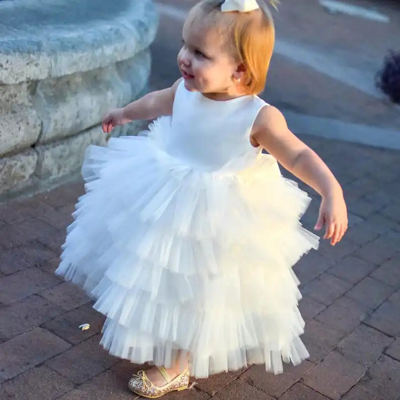 Vestido blanco para niña de flores para bebés, niñas y niñas, top sin mangas de satén y tul en capas con lazo grande en la espalda, vestido dulce 