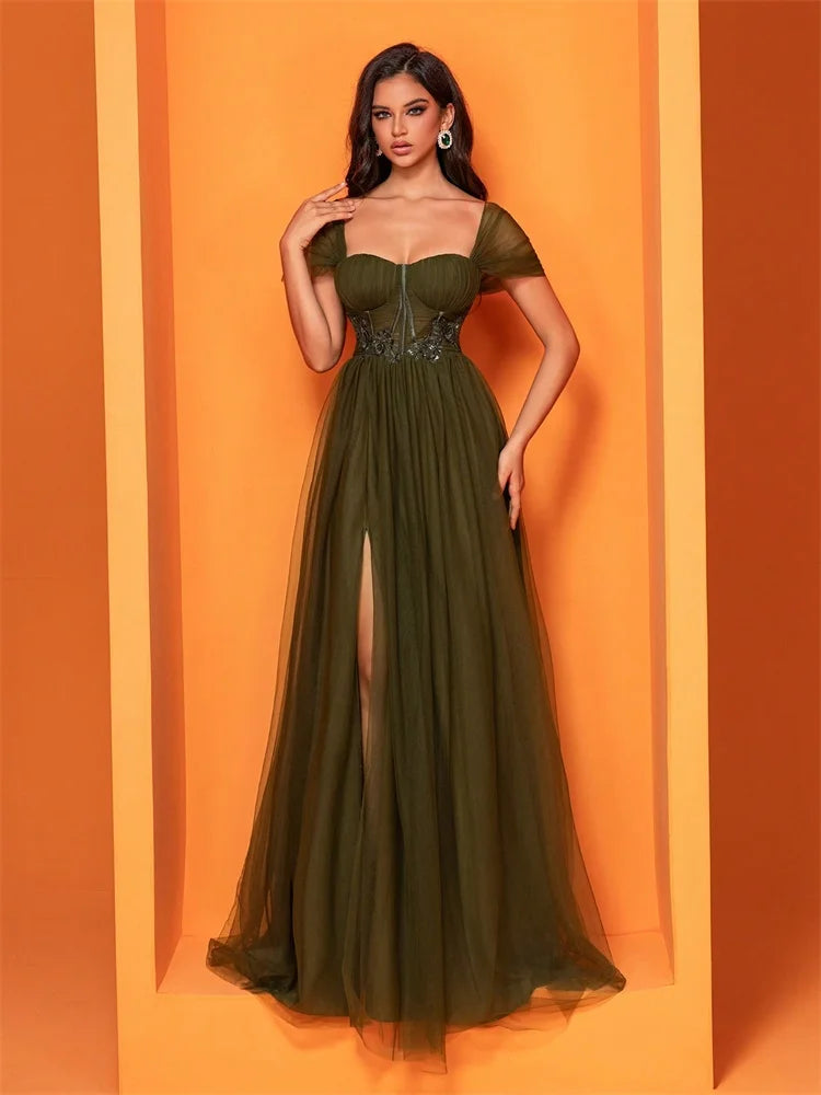 Elegant Short Sleeve Tulle Slit Evening Dresses 2027 Women Long Luxury Mermaid Formal Bridesmaid Party Maxi Prom Graduation Gown