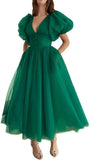 Puffy Sleeve Prom Dresses for Women Dotted Tulle V Neck Formal Evening Party Gowns Tea Length Bridesmaid Dresses