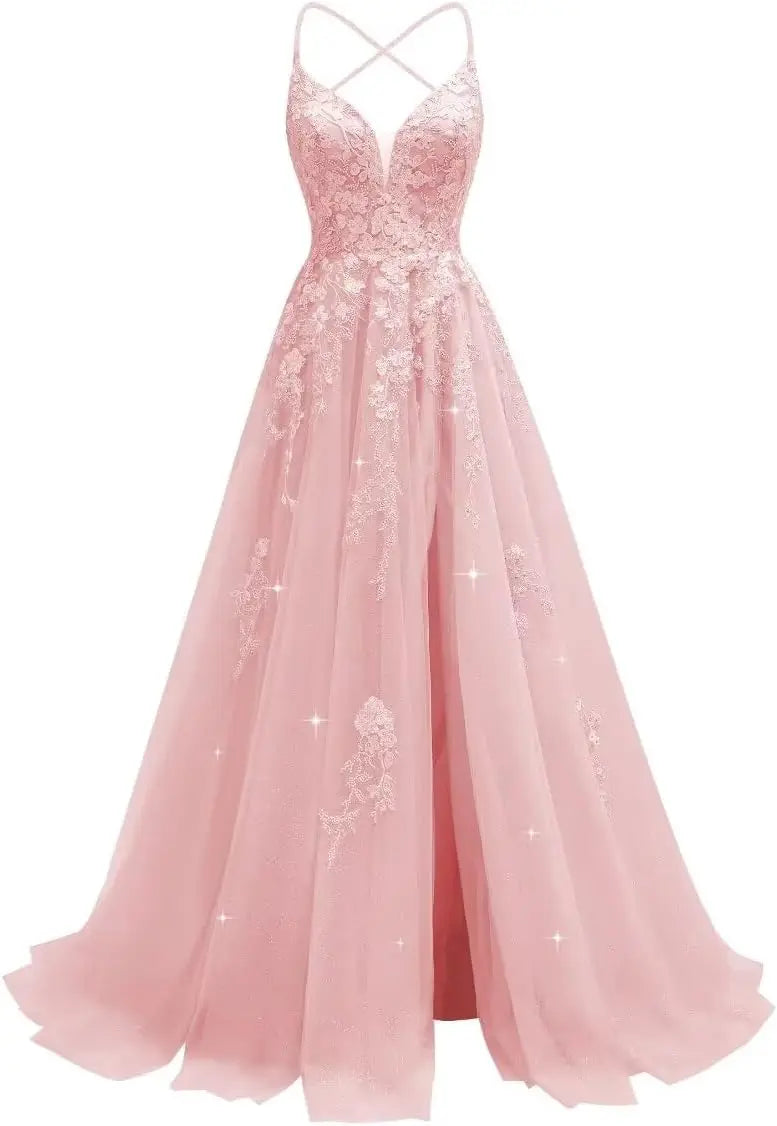 Tüll-Spitzen-Applikationen, Ballkleid, langes Ballkleid für Damen, Spaghettiträger, Korsett, rückenfreies Abendkleid 