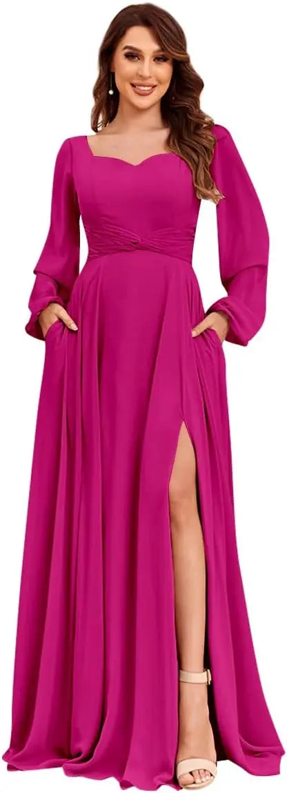 Damen Langarm Brautjungfernkleider mit Taschen Split Plissee Chiffon Formales Abendkleid Partykleid formelles Kleid Frauen elegant 