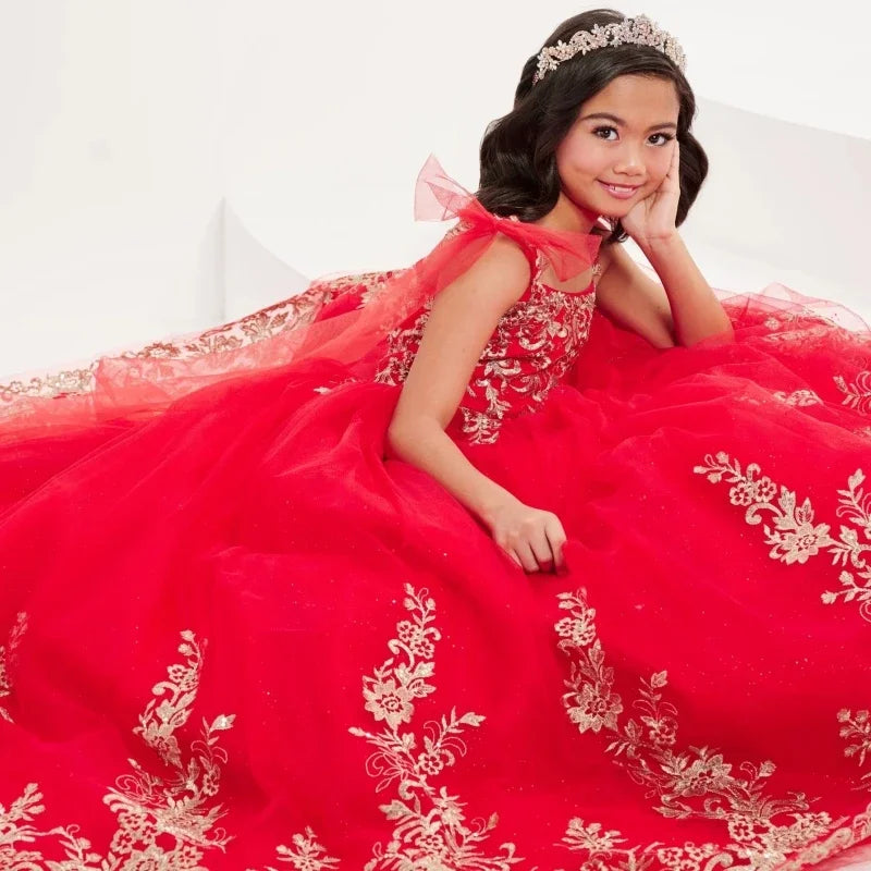 Vestido de princesa para banquete de fiesta de cumpleaños, vestidos de niña de las flores, tul rojo, apliques florales dorados con lazo en el hombro, sin mangas para boda 