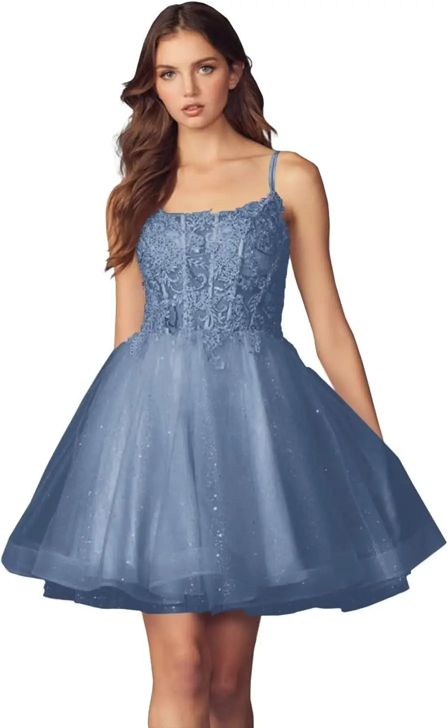 Kurzes Homecoming-Kleid mit Spitzenapplikationen aus Tüll für Teenager mit Spaghettiträgern, Cocktail-, Abschlussball- und Partykleider 