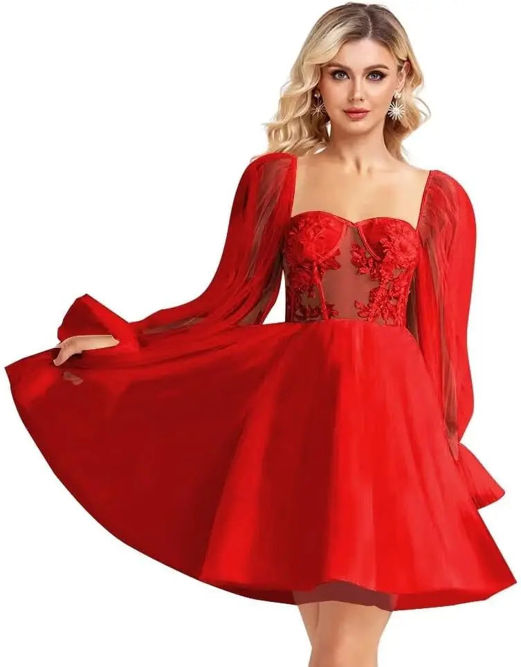 Langärmliges Tüll-Heimkehrkleid, kurzes Brautkleid, herzförmiger Ausschnitt, Spitzenapplikation, Ballkleider für Teenager, Cocktailkleid 