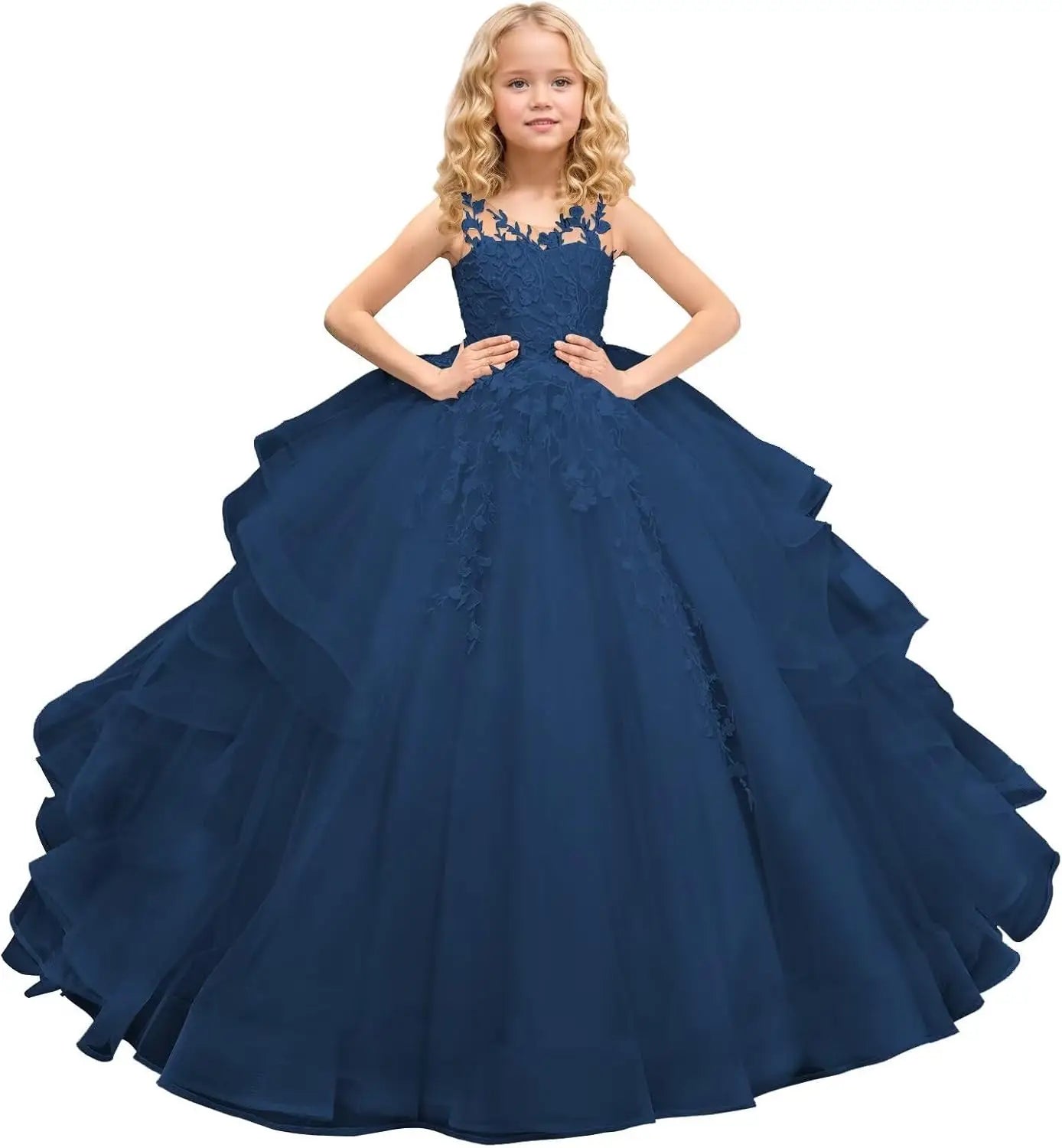 Tüll Prinzessin Ärmellose Festzugskleider Lange Spitze Applique Blumenmädchen Kleid Kinder Geburtstagsparty Ballkleid Festzugskleider 