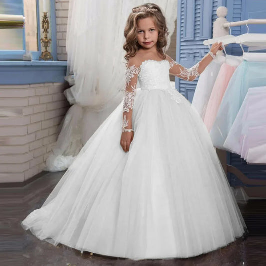 Vestido de tul rosa claro con apliques blancos y manga larga para boda, fiesta de cumpleaños, comunión, personalizado, para niña de las flores 