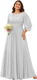 Chiffon Long Sleeves Bridesmaid Dresses Scoop Neck Pleated A Line Long Formal Dresses for Women Plus Size wedding guest dress