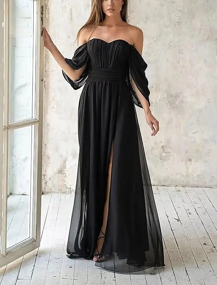 Vestido de dama de honor de talla grande con hombros descubiertos, de gasa, formal, con abertura, elegante, para invitada de boda 