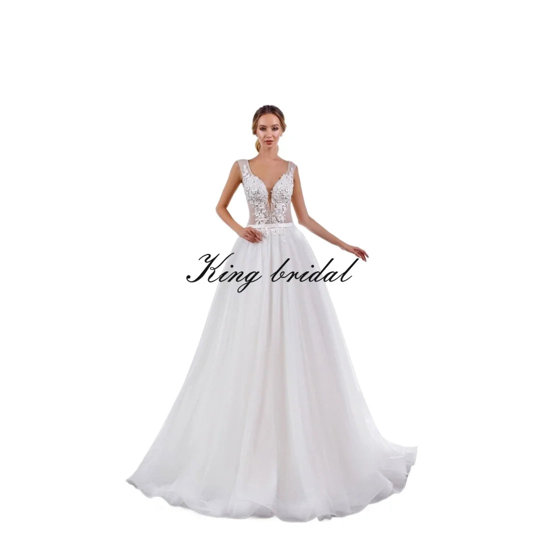 Vestido de novia de corte A con encaje floral, vestido de novia de tul, vestido de novia de espalda baja, bordado con cristales y perlas, vestido personalizado 