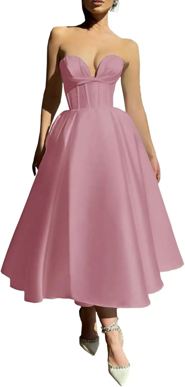 Strapless Prom Dresses 2025 Sweetheart Satin Tea Length Puffy Party Dresses for Women simple wedding dress short wedding dress