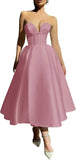 Strapless Prom Dresses 2025 Sweetheart Satin Tea Length Puffy Party Dresses for Women simple wedding dress short wedding dress