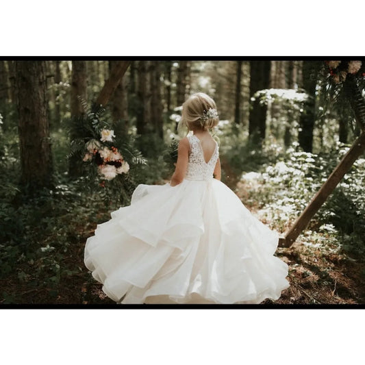 Vestido de niña de las flores color marfil con cuentas de encaje de satén de tul organza princesa hasta el suelo vestido de niña vestido de baile vestido de princesa 