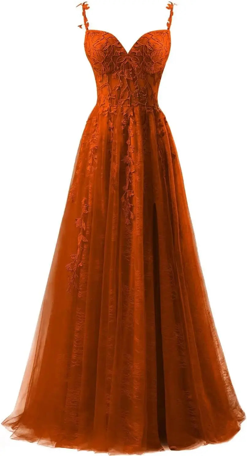 Lace Applique Tulle Prom Dresses for Women 2025 Spaghetti Straps Ball Gown Formal Evening Party Gown with Slit Wedding Party