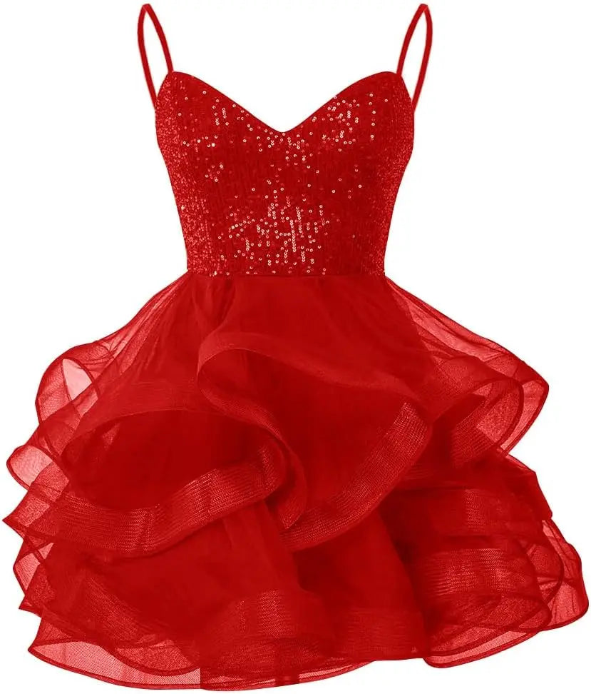 Vestidos de fiesta de tul para adolescentes, con tirantes finos y lentejuelas, vestidos de fiesta cortos, minivestidos de cóctel en capas, vestidos de dama de honor 