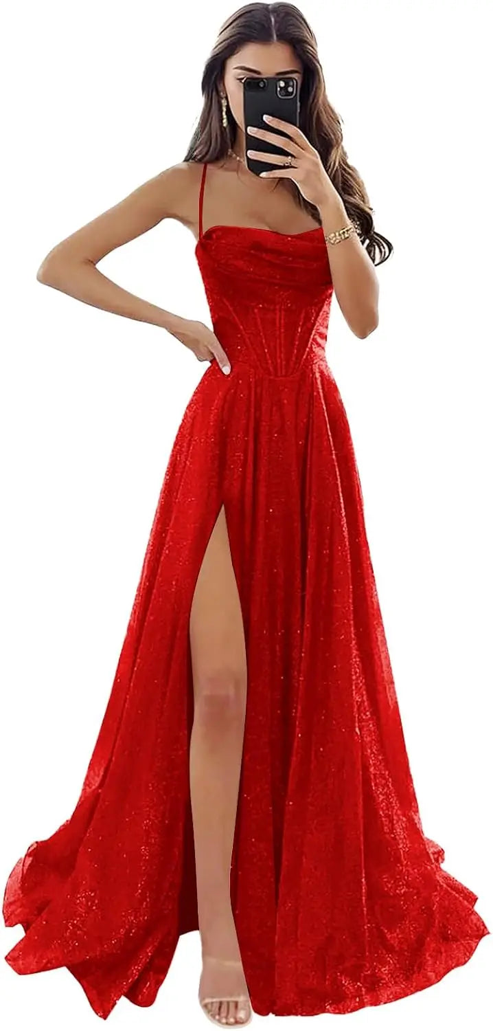 Damen Spaghettiträger Glitzer Tüll Ballkleider mit Schlitz Wasserfallausschnitt Langes formelles Abendkleid Partykleid 