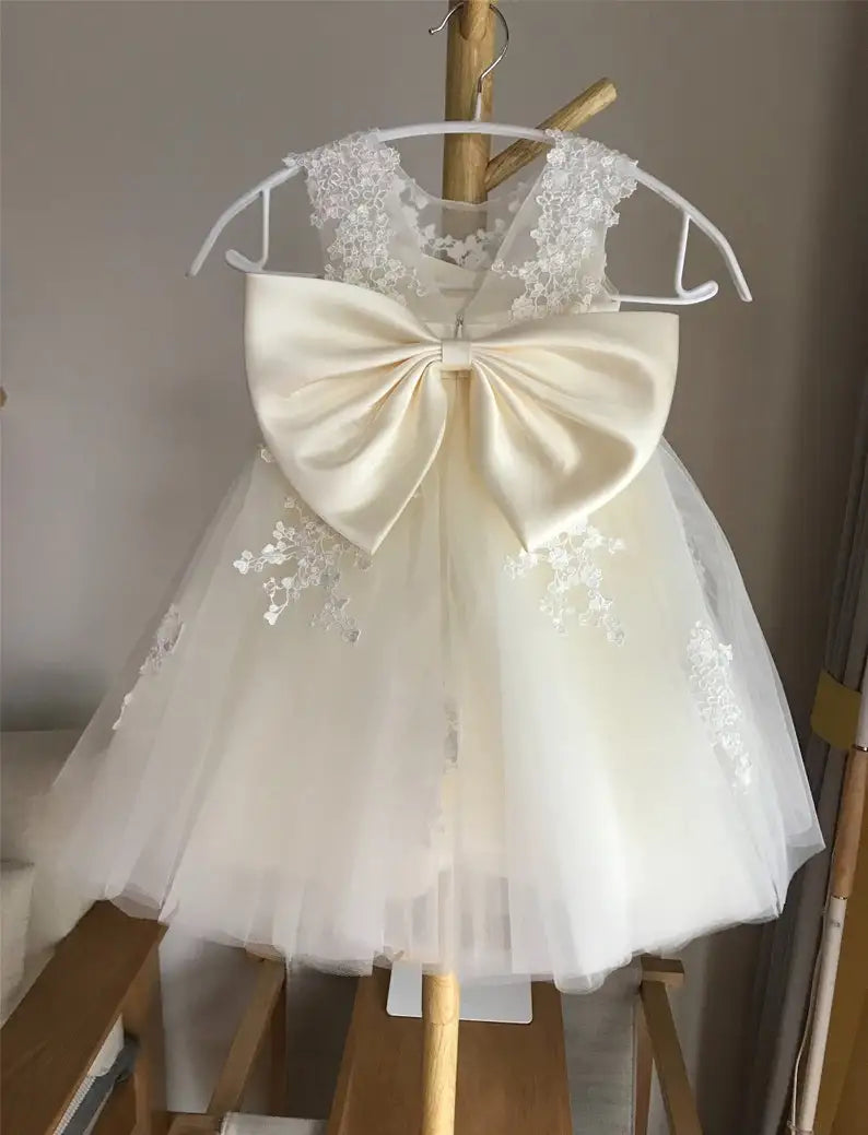 Ivory Lace tulle flower girl dress, illusion birthday girl dress with lace applique girls party dress  princess dress