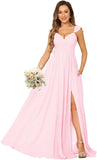 Women's Cap Sleeves Chiffon Bridesmaid Dresses Long with Pockets Ruffle Formal Evening Dresses with Slit Wedding Party Gowns