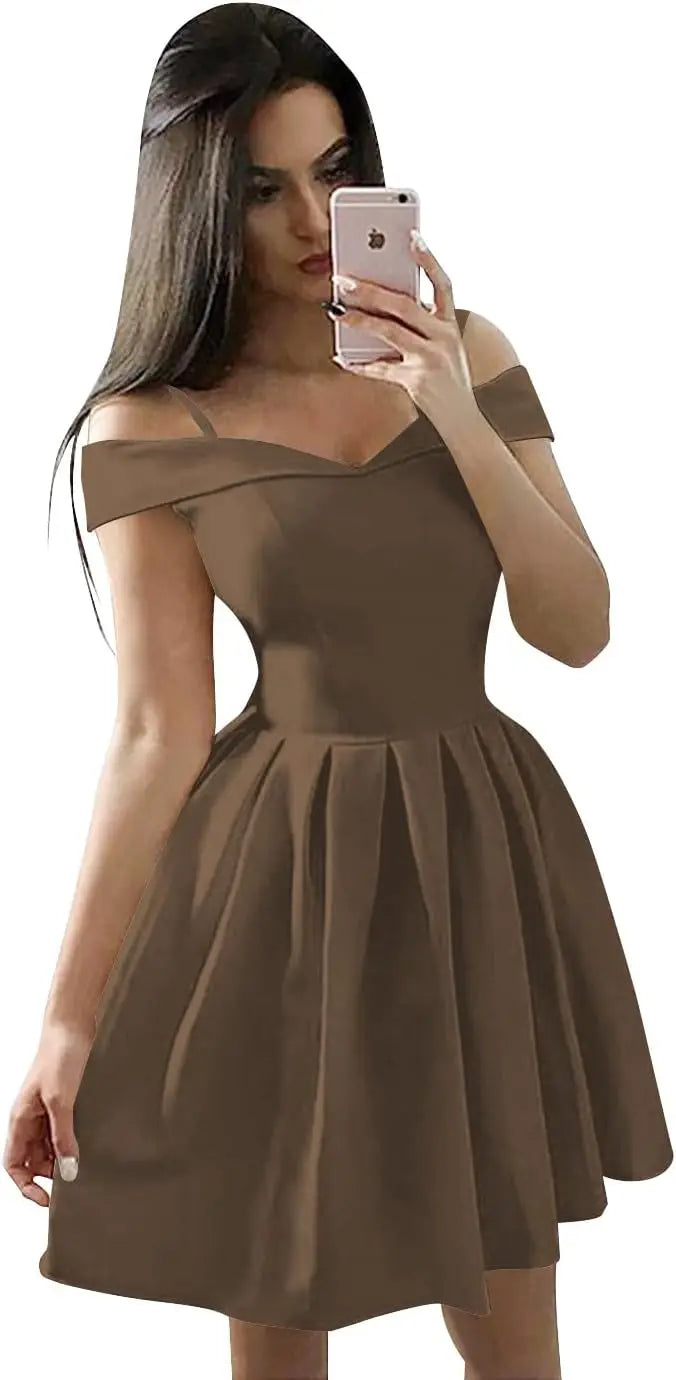 Vestidos cortos con hombros descubiertos para adolescentes (2025), vestido de fiesta con tirantes finos y bolsillos, vestido de dama de honor para fiesta de bodas. 