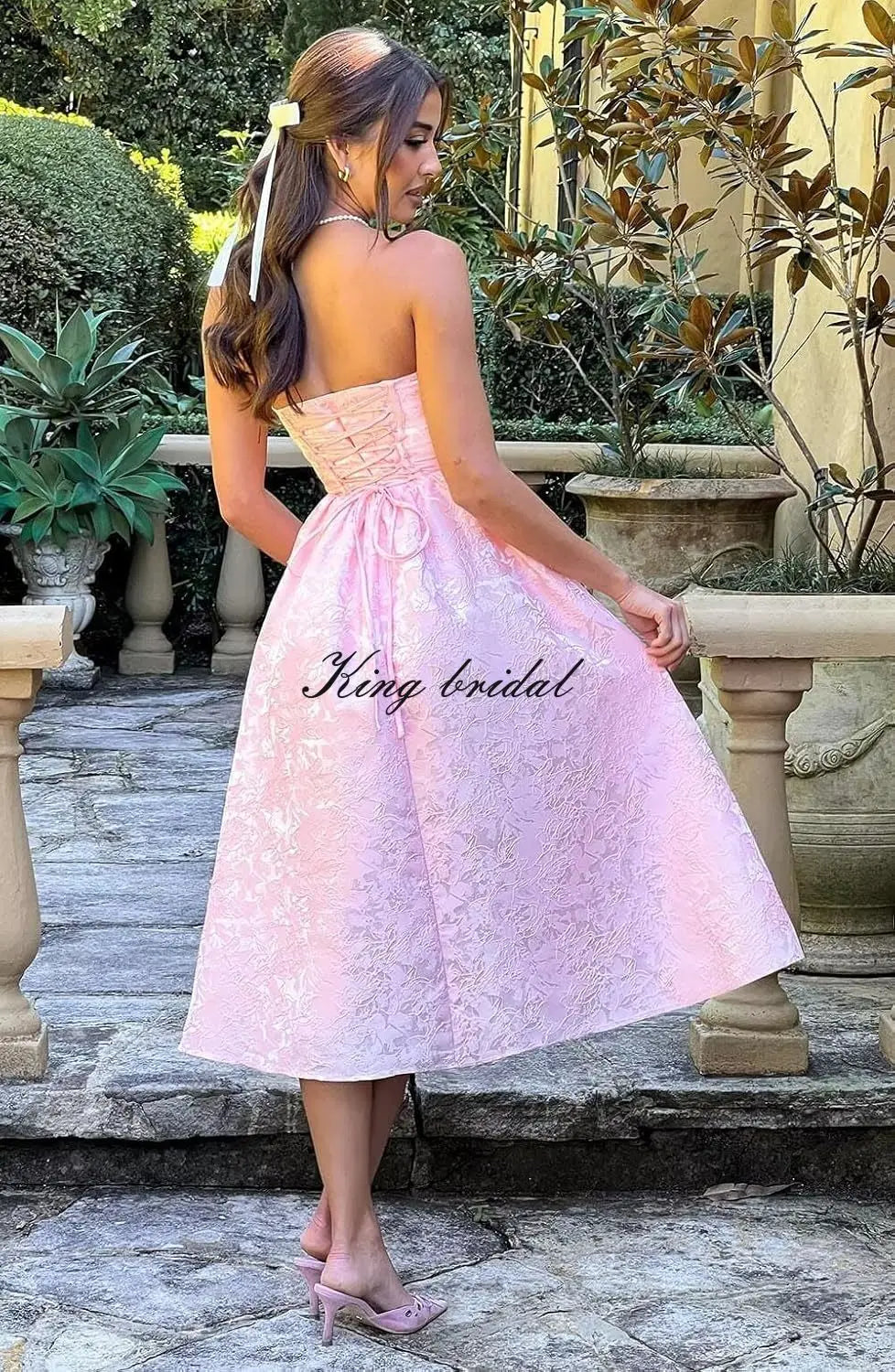 Vestido de fiesta de satén jacquard floral, largo hasta la rodilla, corte A, sin tirantes, con corsé, para dama de honor, para fiesta de noche formal 