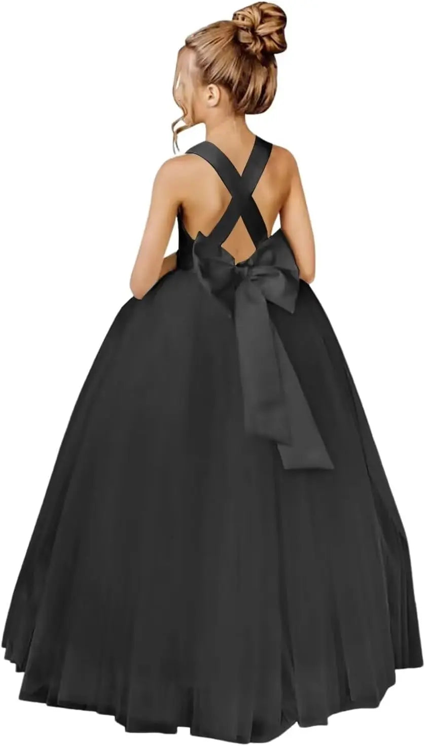 Crossed Straps Flower Girl Dress Satin Long Prom Dress with Bow Puffy Tulle Pageant Dresses for Girls princess dress
