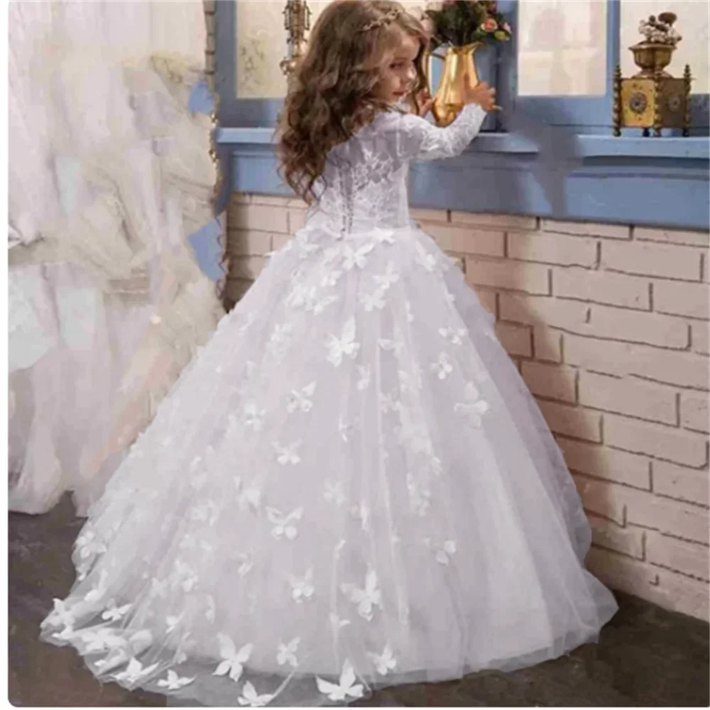 Butterfly Lace Appliques Long Sleeve Flower Girl Dress for Wedding Birthday Ball Gown First Holy Communion Celebration Dresses