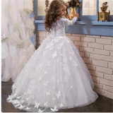 Butterfly Lace Appliques Long Sleeve Flower Girl Dress for Wedding Birthday Ball Gown First Holy Communion Celebration Dresses