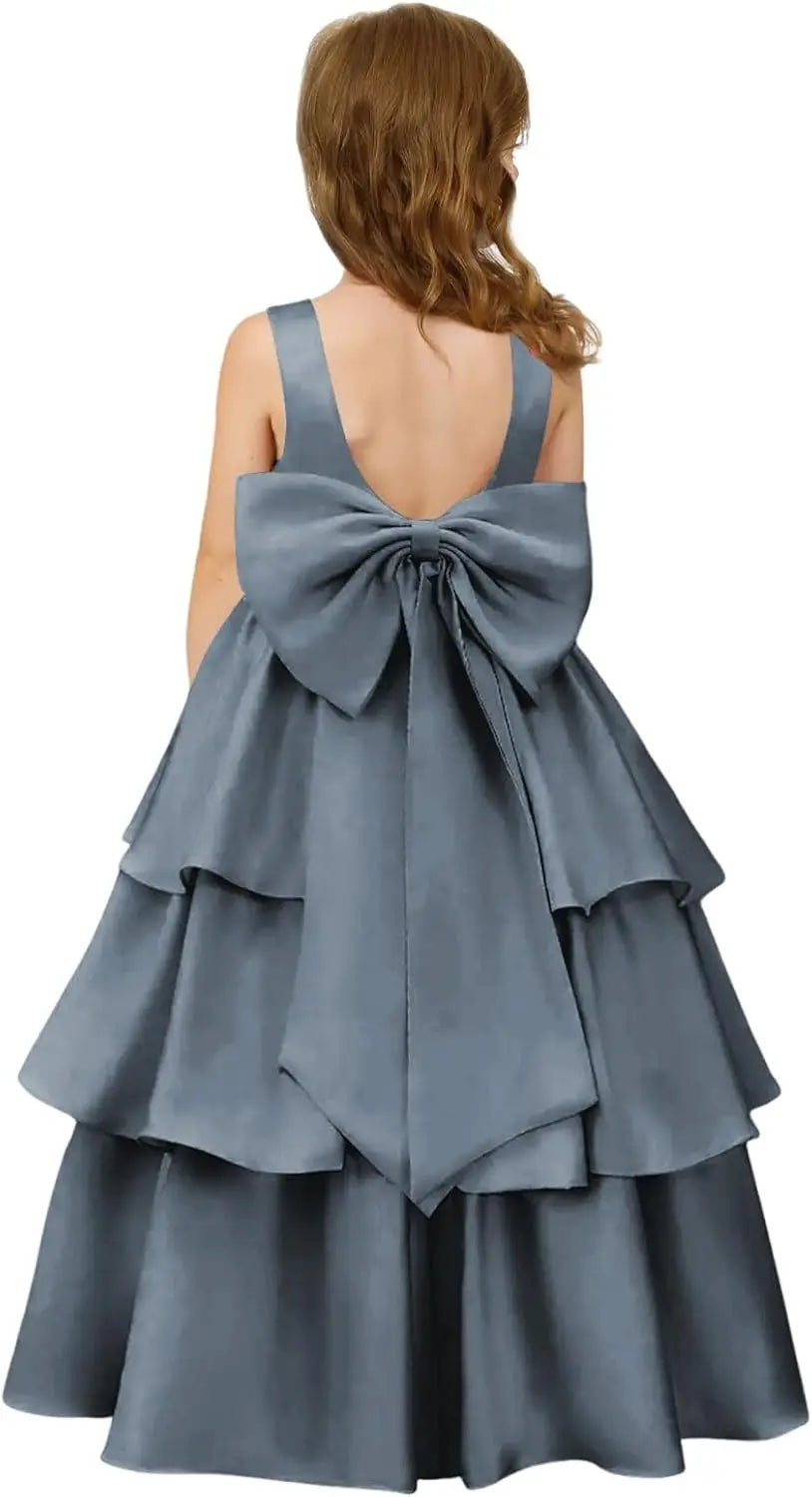 Girls Crewneck Layers Flower Girl Satin Pageant Dress with Bow Knot Backless Birthday Party Formal Dress princess dress
