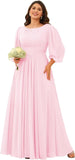Chiffon Long Sleeves Bridesmaid Dresses Scoop Neck Pleated A Line Long Formal Dresses for Women Plus Size wedding guest dress