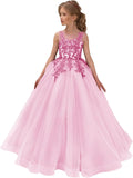 Festzugskleider für Mädchen, Spitzenapplikation, Blumenmädchenkleid, Tüll, Festzugskleid für Mädchen, lang, ärmellos, Prinzessinnen-Party-Ballkleid 