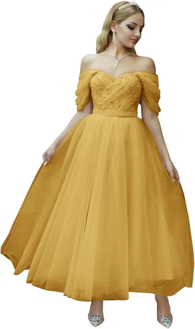 Vestido de fiesta de tul hasta la rodilla con hombros descubiertos para mujer, escote corazón, cuentas, abullonado, estilo princesa adolescente. 