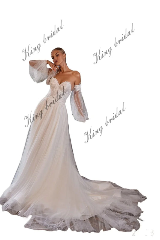 Vestido de novia de corte A con hombros descubiertos, mangas bohemias desmontables, corsé drapeado con cuentas, falda de tul en capas, vestido de novia personalizado 
