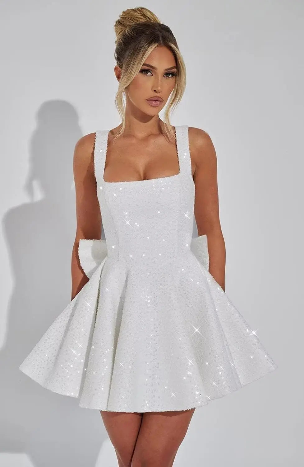 Vestidos de fiesta de graduación con lentejuelas brillantes para adolescentes, con lazo, cortos y abullonados.