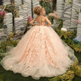 For Kids 3D Floral Butterfly Appliques Princess Communion Pageant Pink Sleeveless Flower Girl Dresses for Wedding Party Dress