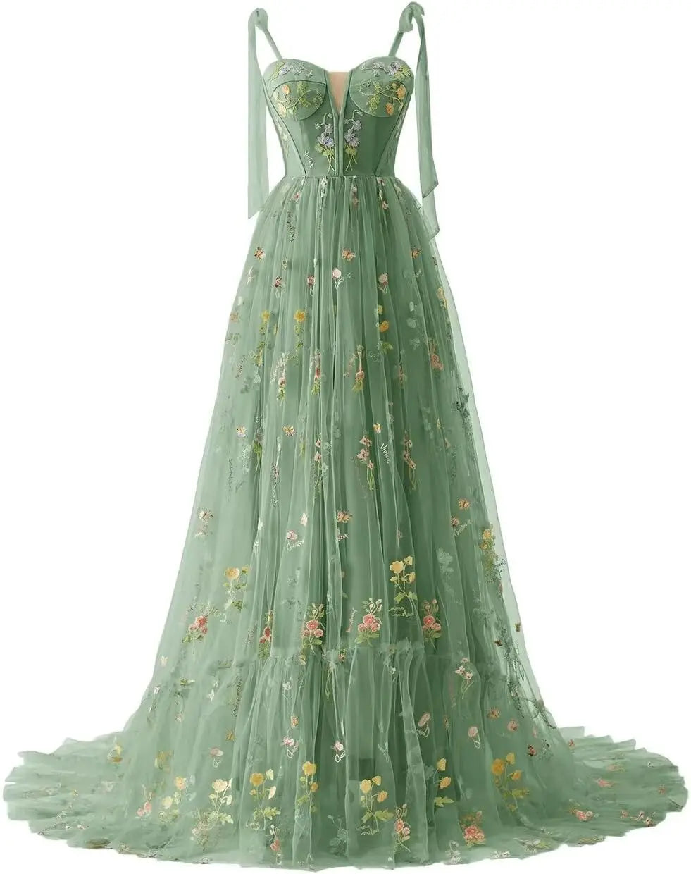 Women's Flower Embroidery Tulle Prom Dresses Corset Long Spaghetti Strap Fairy Ruched Formal Evening Party Gowns Bridesmaid Gown