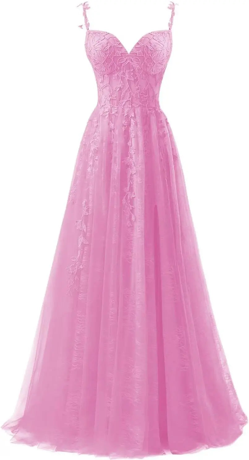 Lace Applique Tulle Prom Dresses for Women 2025 Spaghetti Straps Ball Gown Formal Evening Party Gown with Slit Wedding Party