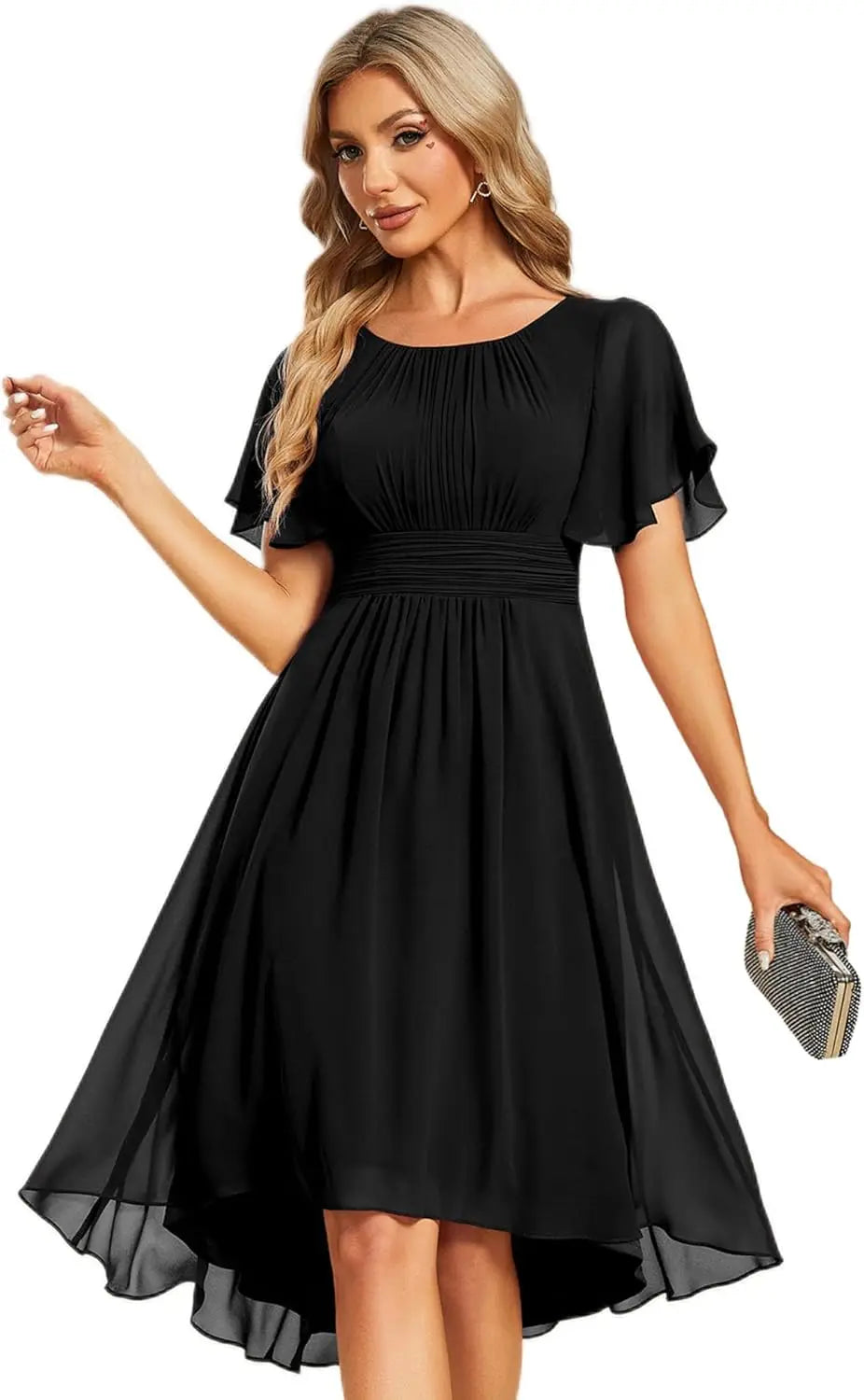 Vestido de gasa con cuello redondo y cintura plisada para mujer, manga corta, para invitada de boda, dama de honor, fiesta, graduación 