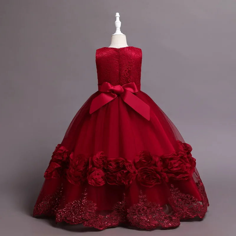 Vestido de princesa para niña de las flores, con apliques de tul blanco y lazo, sin mangas, para bodas, fiestas de cumpleaños, banquetes, vestidos de princesa. 