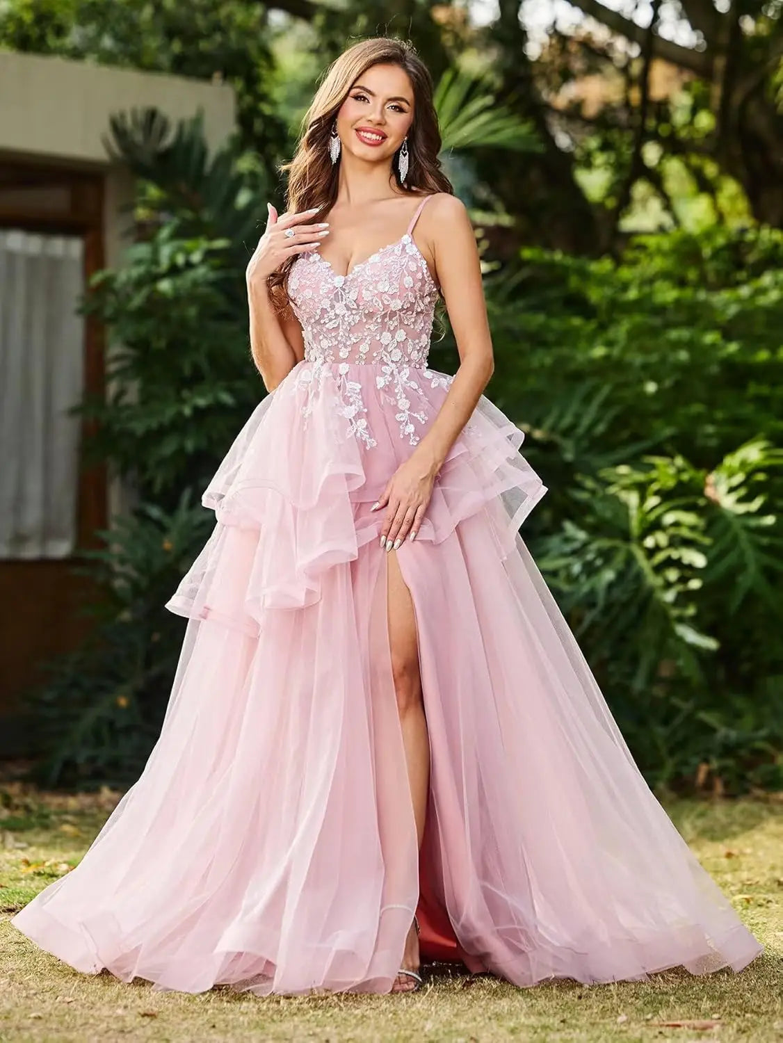 Vestidos de fiesta con apliques de encaje de tul y escote en V con abertura, vestidos de fiesta formales de noche con capas abullonadas, vestidos de baile largos 