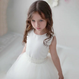 Vestidos de tul blanco satinado con escote de perla y lazo, sin mangas, para bodas, cumpleaños, fiestas, primera comunión, niñas de las flores 