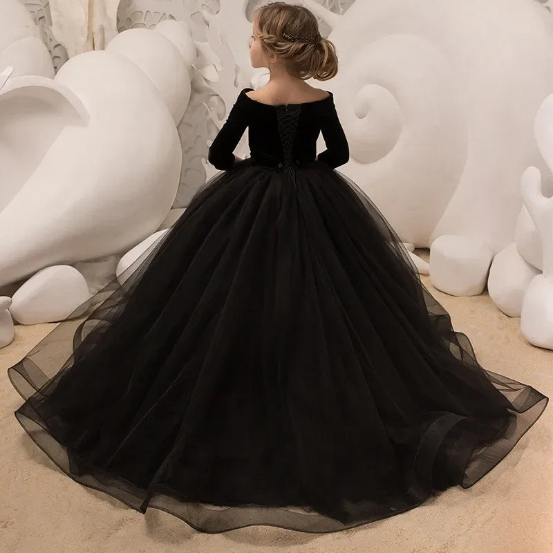 Formal Party Dream Kids Black Flower Girl Dress Floor Length Elegant Tulle Lace Floor Length Princess First Communion Dresses