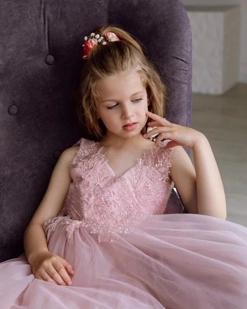 Vestido de tul con encaje para niña pequeña, para boda, con cola, para cumpleaños de niña, vestidos para niñas pequeñas para fiesta y boda, vestido de niña de flores color ruborizado 
