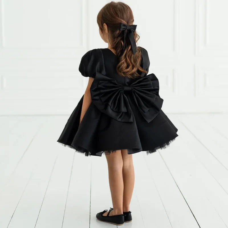 Vestidos de tul satinado negro con lazo, mangas cortas, para bodas, cumpleaños, graduaciones, comuniones, personalizados, para niñas de las flores. 