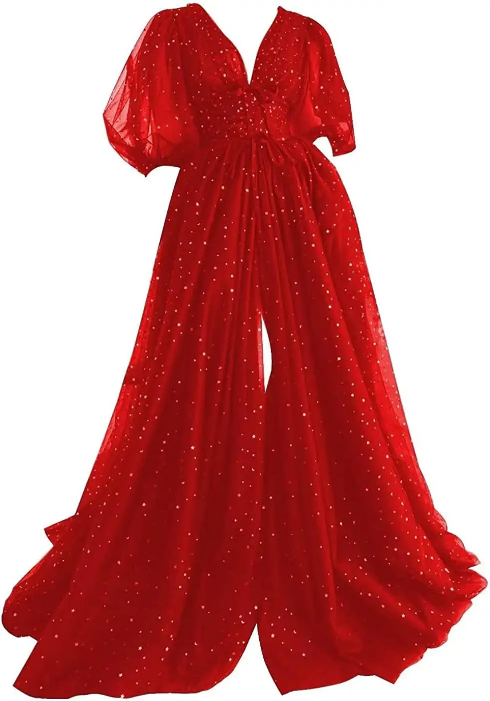 Vestidos de fiesta formales de noche largos de talla grande con mangas abullonadas de tul estrellado brillante para mujer con abertura 