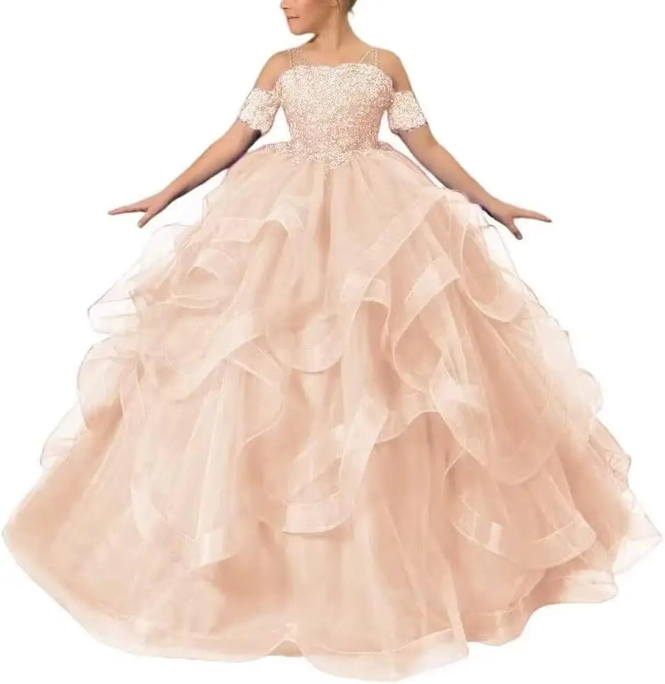 Vestidos de desfile de princesas para niñas de flores 2026 con encaje bordado, tallas grandes, tul en capas, vestidos de primera comunión para niñas. 