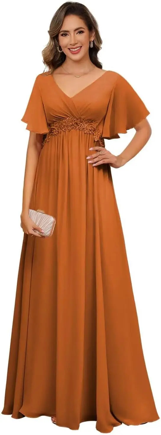 Plus Size Short Sleeves Mother of The Bride Dresses for Curvy Women V Neck Formal Dresses with Pockets Bridesmaid Dress Gowns