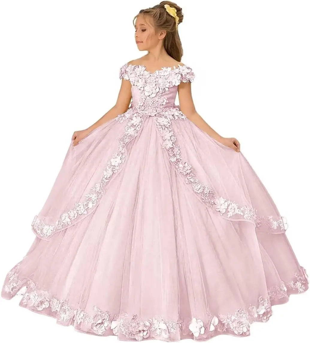 Vestido de tul para niña de las flores, para boda, con hombros descubiertos, para desfile, con flores 3D, estilo princesa, para fiesta 